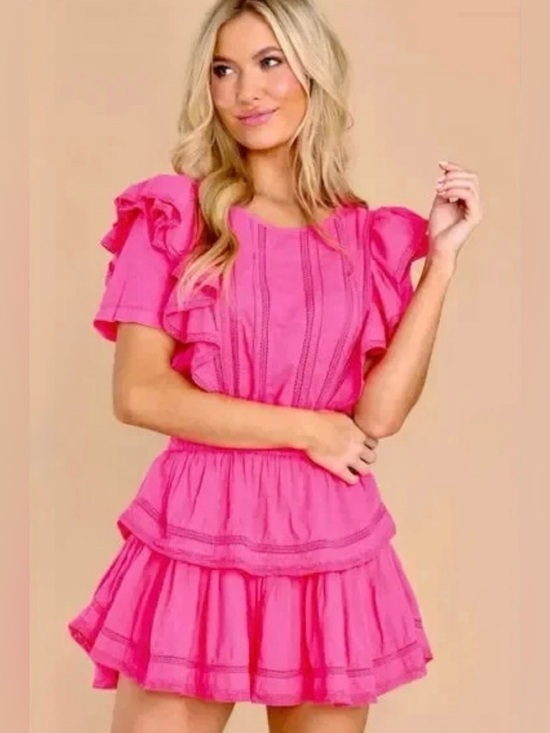 LoveShackFancy Dresses & Skirts - LoveShackFancy Natasha ruffled tiered mini dress dark pink lined elastic waist L